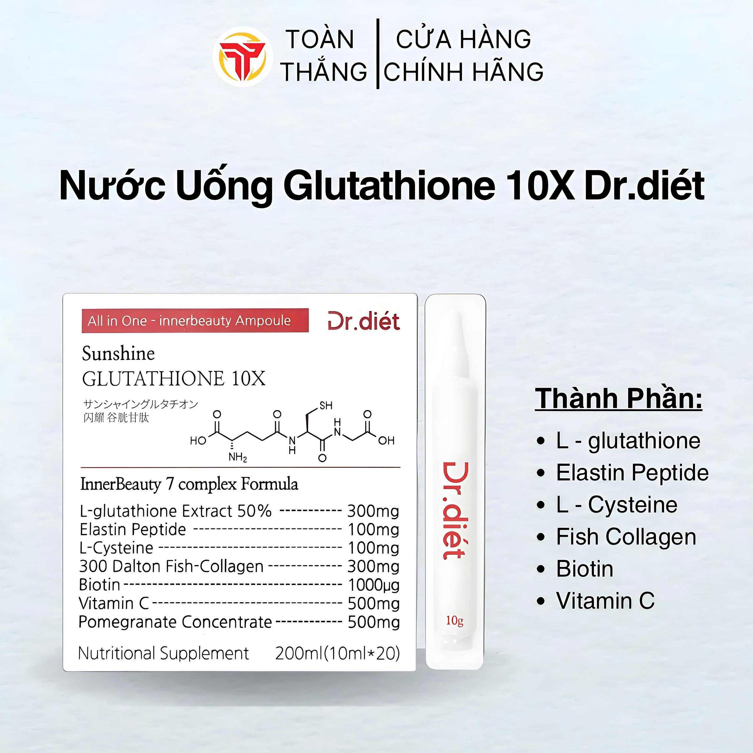 Nước Uống Trắng Da Dr.Diet Sunshine Glutathione 10X Dưỡng Da Trắng Sáng Hộp 20 Ống SP001493